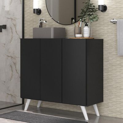 Gabinete Banheiro 3 Portas Retrô 90Cm Mp5030 Preto/Branco