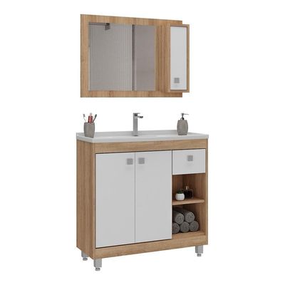 Gabinete Banheiro Com Cuba E Espelheira 80cm Multimóveis Cr10102 Castanho Argel/branco