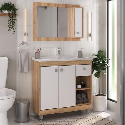 Gabinete Banheiro Com Cuba E Espelheira 80cm Multimóveis Cr10102 Castanho Argel/branco