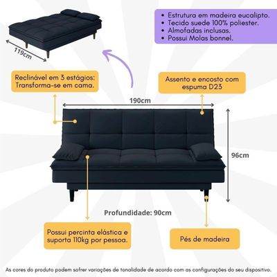 Sofá Cama Reclinável Com 2 Almofadas Inclusas Multimóveis Cr45238 Azul Azul