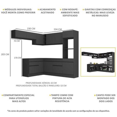 Armário De Cozinha Completa De Canto Com Rodapé V2105 Preto