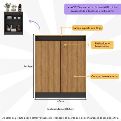 Aparador Buffet 60cm 2 Portas Com Chave Multimóveis CR50099 Amêndoa/preto