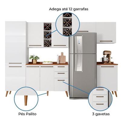 Armário De Cozinha Completa Com Adega 9 Portas 3 Gavetas Favorita Branco/nature Branco Nature