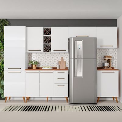 Armário De Cozinha Completa Com Adega 9 Portas 3 Gavetas Favorita Branco/nature Branco Nature
