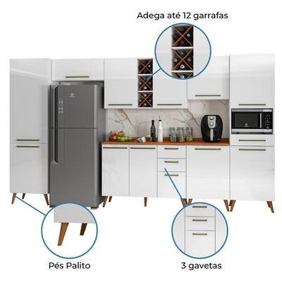 Armário De Cozinha Completa Com Adega 11 Portas 4 Gavetas Favorita Branco/nature Branco Nature