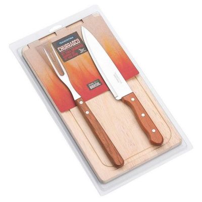 Conjunto para Churrasco Tramontina Dynamic em Aço Inox e Madeira 3 Peças Inox e Natural