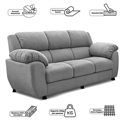 Sofá 3 Lugares Cama inBox Paris com 202cm de Largura e Revestido em Bouclé Cinza Claro