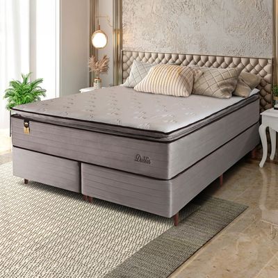 Cama Box Bipartida King Size Hellen Dublin Linho com Molas Ensacadas e Espuma D26 66x193x203 cm Bege
