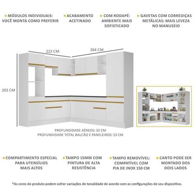 Armário De Cozinha Completa De Canto Com Rodapé Veneza Multimóveis V2081 Branco/dourado Branco/dourado