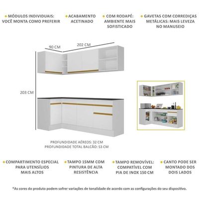 Armário De Cozinha Compacta De Canto Com Rodapé Veneza Multimóveis V2093 Branco/dourado Branco/dourado