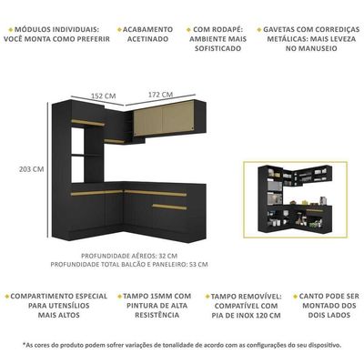 Armário De Cozinha Completa De Canto V2098 Preto/dourado