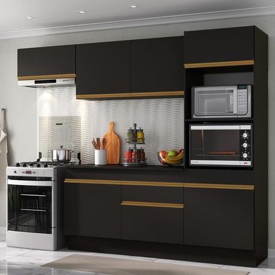 Armário De Cozinha Compacta 4 Peças Com Rodapé Mp2176 Made Multimóveis Preto/dourado Preto/dourado