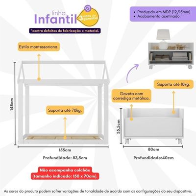 Cama Infantil Montessoriana Para Colchão 150x70cm Com Mesa De Cabeceira Bambolê Multimóveis Mx4285 Branco