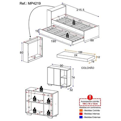Conjunto Quarto Bicama Com Colchão E Baú/balcão 2 Portas Multimóveis Mp4219 Branco Branco