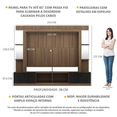Rack com Painel Tv 65 Prateleiras com Espelho Oslo Madeirado
