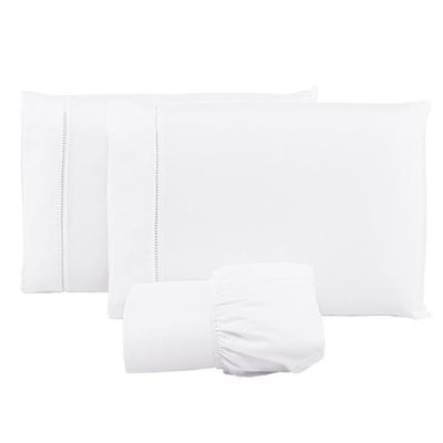 Jogo Lençol 400 Fios Ponto Palito Cama Queen 3pçs Poliéster - Branco
