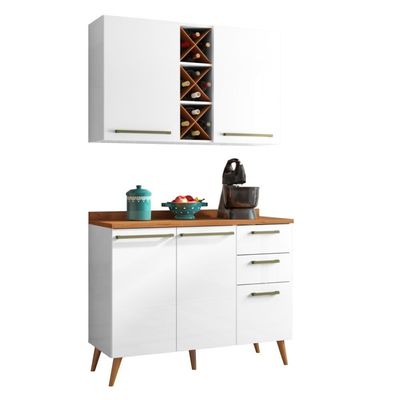 Armário De Cozinha Compacta 4 Portas 3 Gavetas Com Adega 1,20m Favorita Branco / Natura Branco Natur