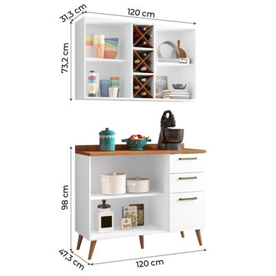 Armário De Cozinha Compacta 4 Portas 3 Gavetas Com Adega 1,20m Favorita Branco / Natura Branco Natur