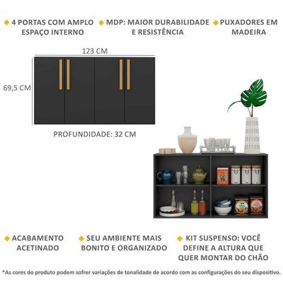 Aparador Buffet 4 Portas Suspenso Viena V3605 Preto/Natural