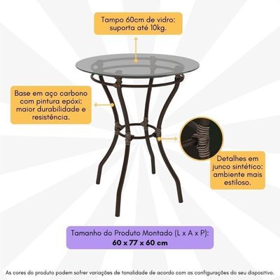 Mesa De Jardim/área De Lazer 60cm Vidro E Aço Com Junco Sintético Multimóveis Cr8005 Café Mesclado