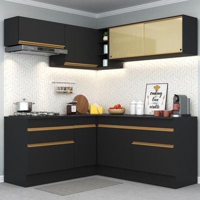Armário De Cozinha Completa De Canto Com Rodapé Veneza Multimóveis V2097 Preto/dourado Preto/dourado