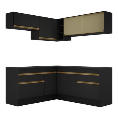 Armário De Cozinha Completa De Canto Com Rodapé Veneza Multimóveis V2097 Preto/dourado Preto/dourado