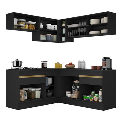 Armário De Cozinha Completa De Canto Com Rodapé Veneza Multimóveis V2097 Preto/dourado Preto/dourado