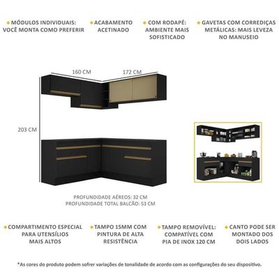 Armário De Cozinha Completa De Canto Com Rodapé Veneza Multimóveis V2097 Preto/dourado Preto/dourado