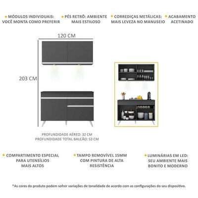 Armário De Cozinha Compacta 120cm Com Leds Veneza Up Multimóveis V2012 Preto/branco Preto/branco