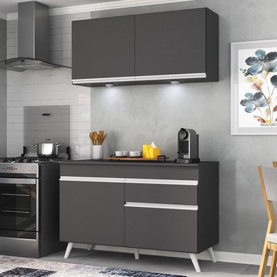 Armário De Cozinha Compacta 120cm Com Leds Veneza Up Multimóveis V2012 Preto/branco Preto/branco