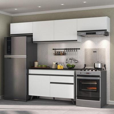 Armário De Cozinha Compacta 260cm Veneza Multimóveis V3697 Branco/preto Branco/preto