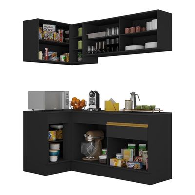 Armário De Cozinha Compacta De Canto Com Rodapé Veneza Multimóveis V2091 Preto/dourado Preto/dourado