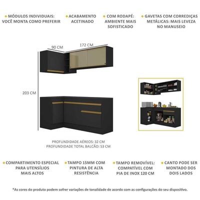 Armário De Cozinha Compacta De Canto Com Rodapé Veneza Multimóveis V2091 Preto/dourado Preto/dourado