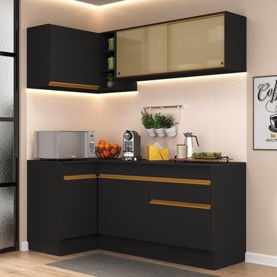 Armário De Cozinha Compacta De Canto Com Rodapé Veneza Multimóveis V2091 Preto/dourado Preto/dourado