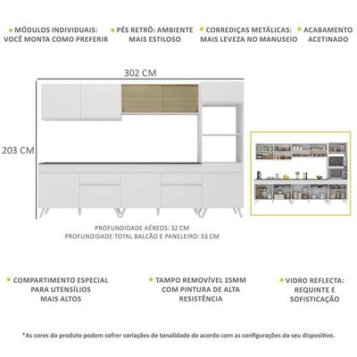 Armário De Cozinha Completa 302cm Veneza Multimóveis V3689 Branco Branco