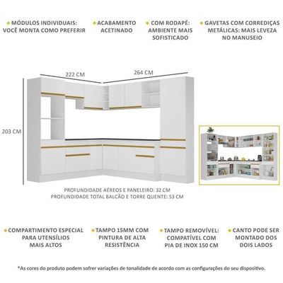 Armário De Cozinha Completa De Canto Com Rodapé Veneza Multimóveis V2082 Branco/dourado Branco/dourado