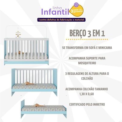 Berço 3 Em 1 Com Colchão Incluso Doce De Leite Multimóveis Mp4244 Azul