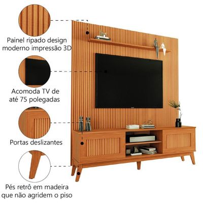 Rack Bancada King Com Painel Para Tv Até 75 Polegadas Egeo Cedro Ripado Impressão 3d Edn Cedro