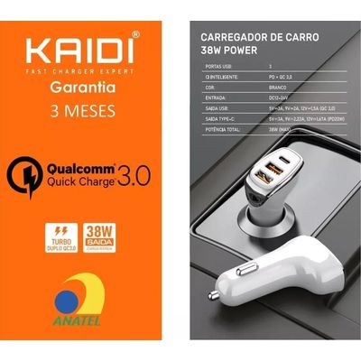 Carregador Veicular Cinzeiro Usb Type C 3.0 Turbo 38w Kd-304