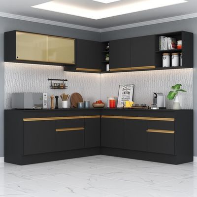 Cozinha Completa De Canto Mp2096 Com Armário E Balcão Preta