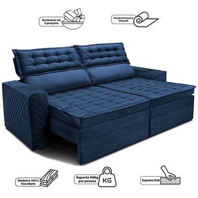 Sofá 3 Lugares Cama inBox Cielo com Assento Retrátil, Encosto Reclinável em Suede Velusoft e 200cm de Largura Azul
