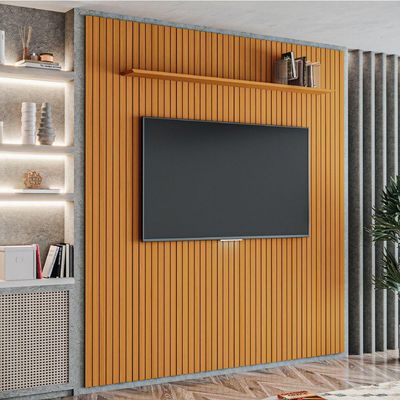 Painel Para Tv Até 75 Polegadas 2,25x2,40m Ripado Com Prateleira Arbo Cedro Edn Nature