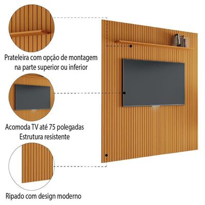 Painel Para Tv Até 75 Polegadas 2,25x2,40m Ripado Com Prateleira Arbo Cedro Edn Nature