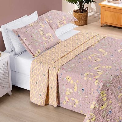 Kit Cobre Leito Colcha Dallas Queen Dupla Face Estampada 3 Peças - Rosê Lavanda Floral