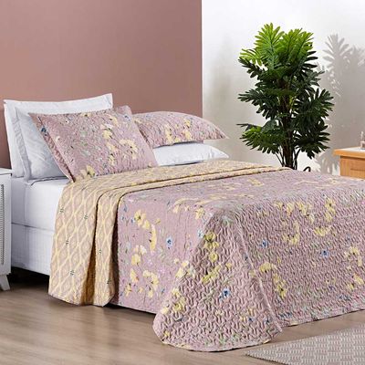 Kit Cobre Leito Colcha Dallas Queen Dupla Face Estampada 3 Peças - Rosê Lavanda Floral