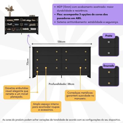 Cômoda 136cm Com 6 Gavetas Flex Multimóveis Preto