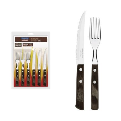 Jogo de Talheres para Churrasco Tramontina em Aço Inox com Cabo Castanho Polywood 12 Peças