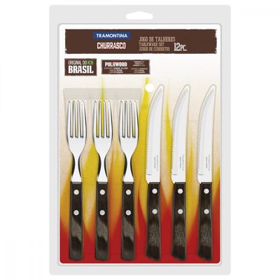 Jogo de Talheres para Churrasco Tramontina em Aço Inox com Cabo Castanho Polywood 12 Peças