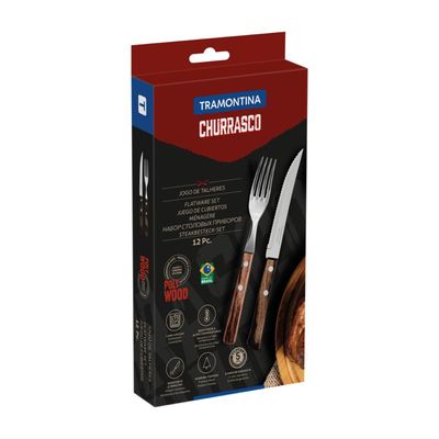Jogo de Talheres para Churrasco Tramontina em Aço Inox com Cabo Castanho Polywood 12 Peças