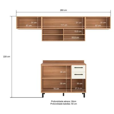 Armário De Cozinha Compacta Modulada 4 Peças Com Balcão Havana Multimóveis CR20327 Rovere/champanhe